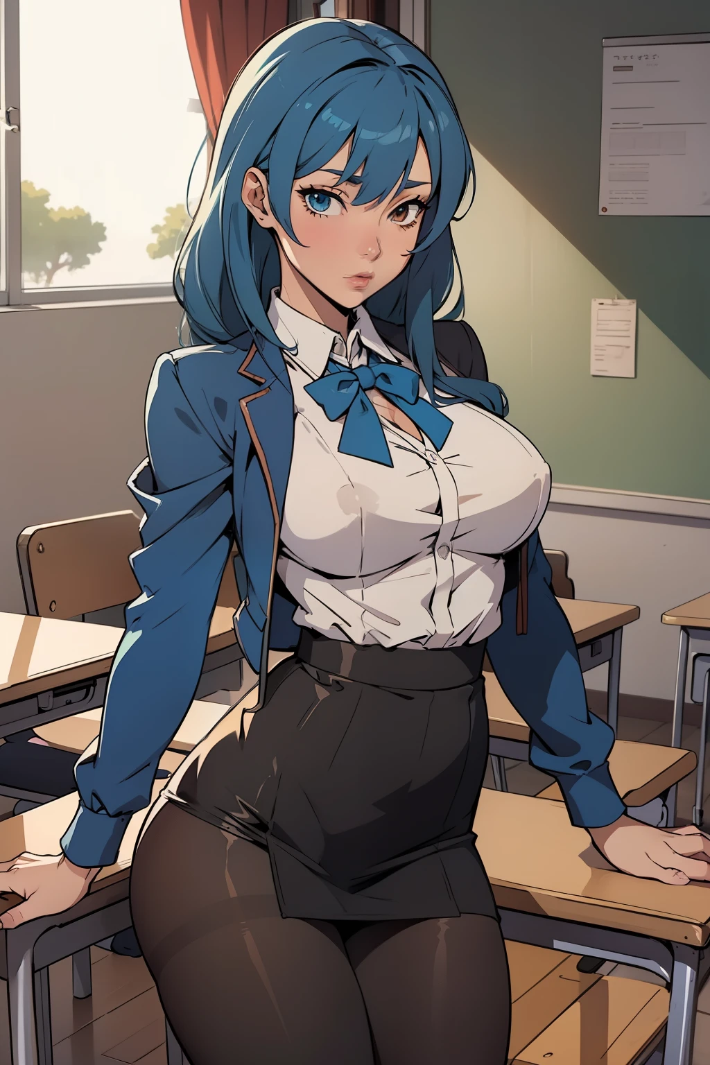 ((masterpiece)), ((best quality)), (ultra-detailed), ((sexy)), (ero), 2girls anime style, in the classroom, blue hair pantyhose