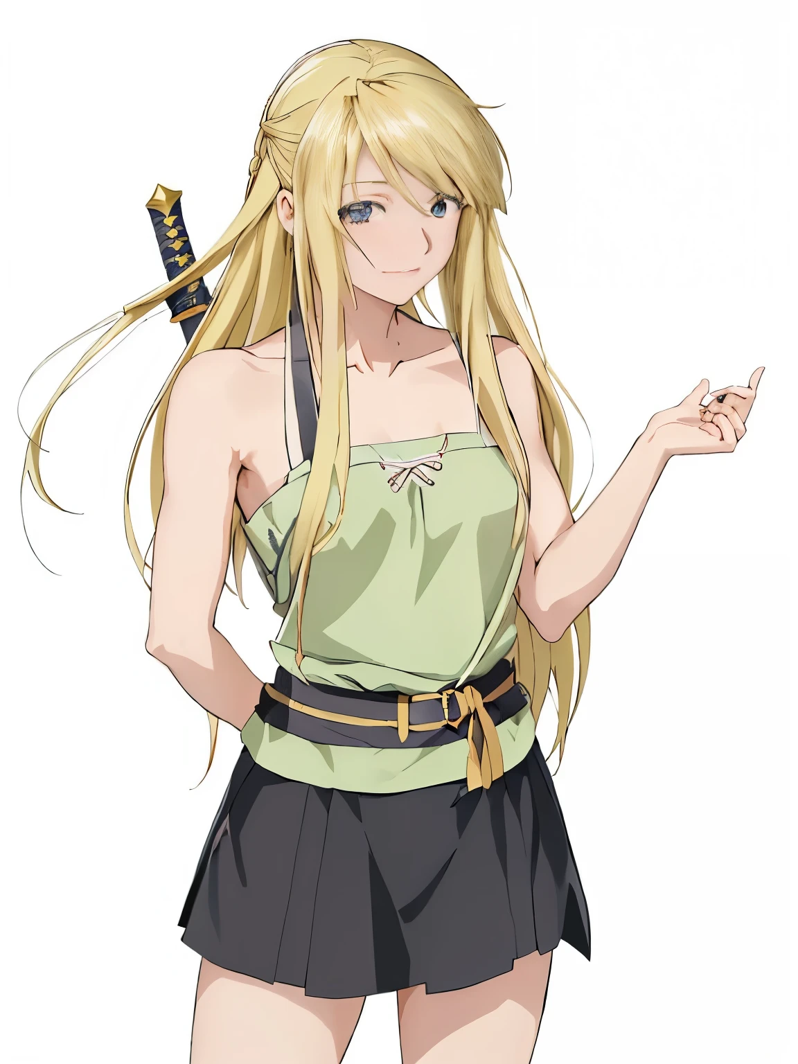 anime girl with long blonde hair holding a cell phone, blonde anime girl with long hair, female anime character, asuna yuuki, anime girl with long hair, anime girl named lucy, anime best girl, holding a sword on her shoulder, attractive anime girl, marin kitagawa fanart, anime character, seductive anime girl, anime visual of a cute girl, anime woman，Winry Rockbell，钢之炼金术师里的女主角温莉·洛克贝尔，长发少女，金发少女，铁匠工人，扎头巾，身材，焊接工作服，金色长发少女，Winry Rockbell