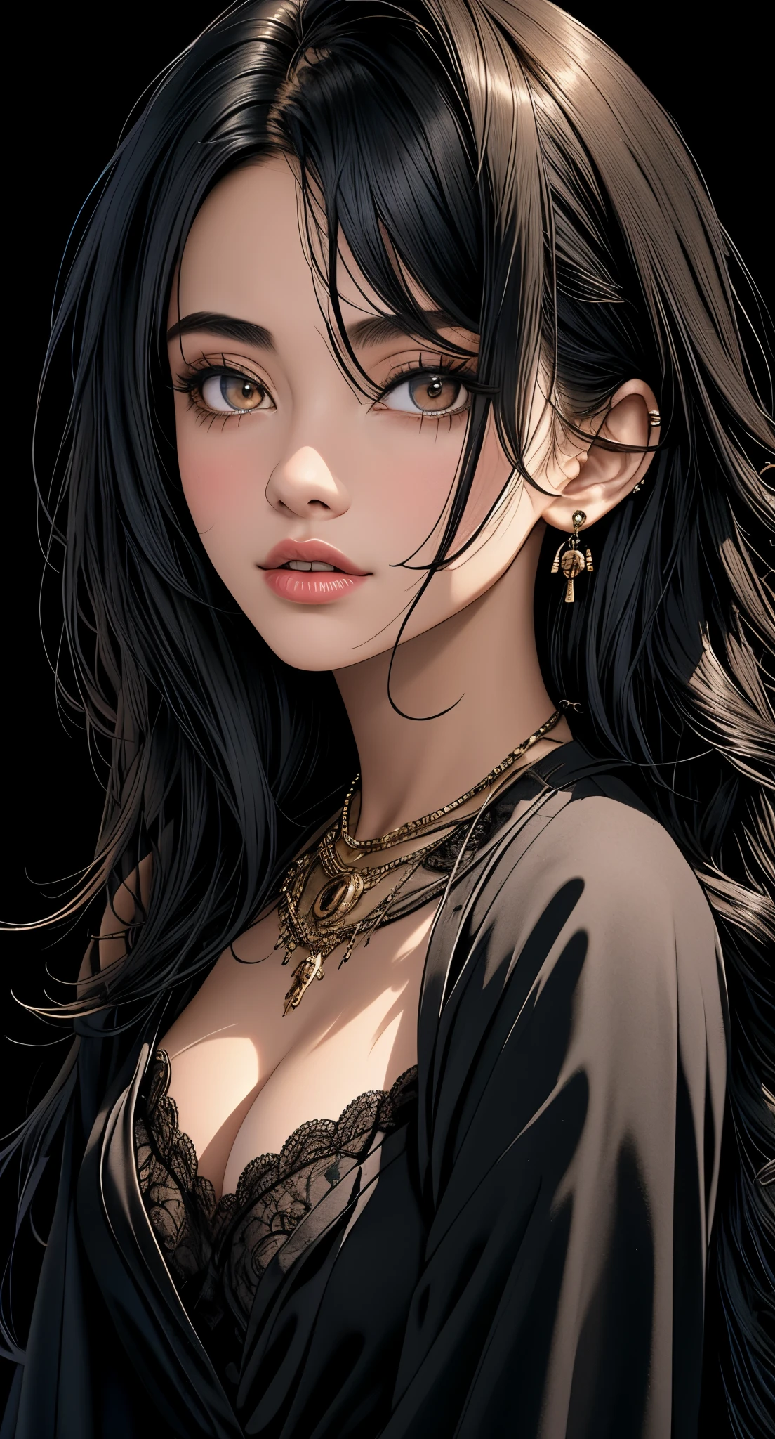 1 milf girl, dark atmosphere, highly detailed skin,, cleavage,old Japanese style ,8k quality, ultra sharp, ultra realistic detailed, dark atmosphere, dark colors, beautiful maiden dress, vibrant colors, black rose in hair , cleavage,