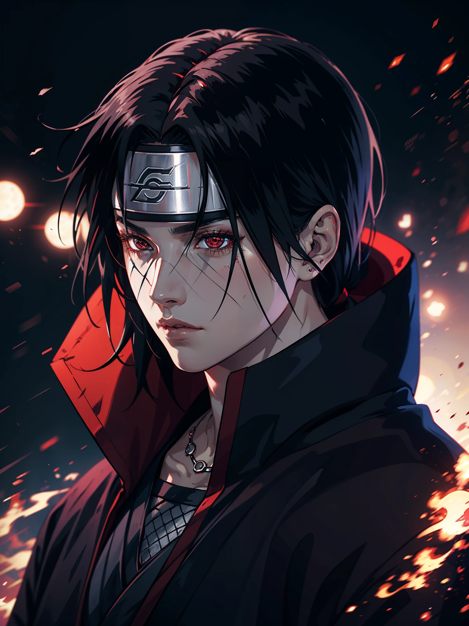 Itachi Uchiha, tilted effects, wearing a long coat, red detailed eyes, attitude looks, black hairs, black headband, best quality, UHD resolution, octane rendered