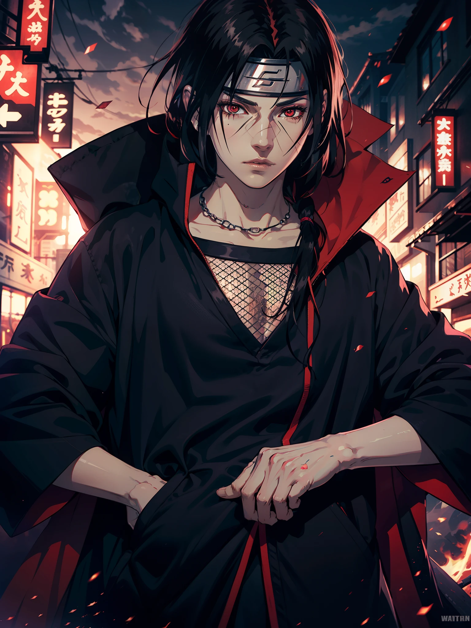 Itachi Uchiha, tilted effects, wearing a long coat, red detailed eyes, attitude looks, black hairs, black headband, best quality, UHD resolution, octane rendered 