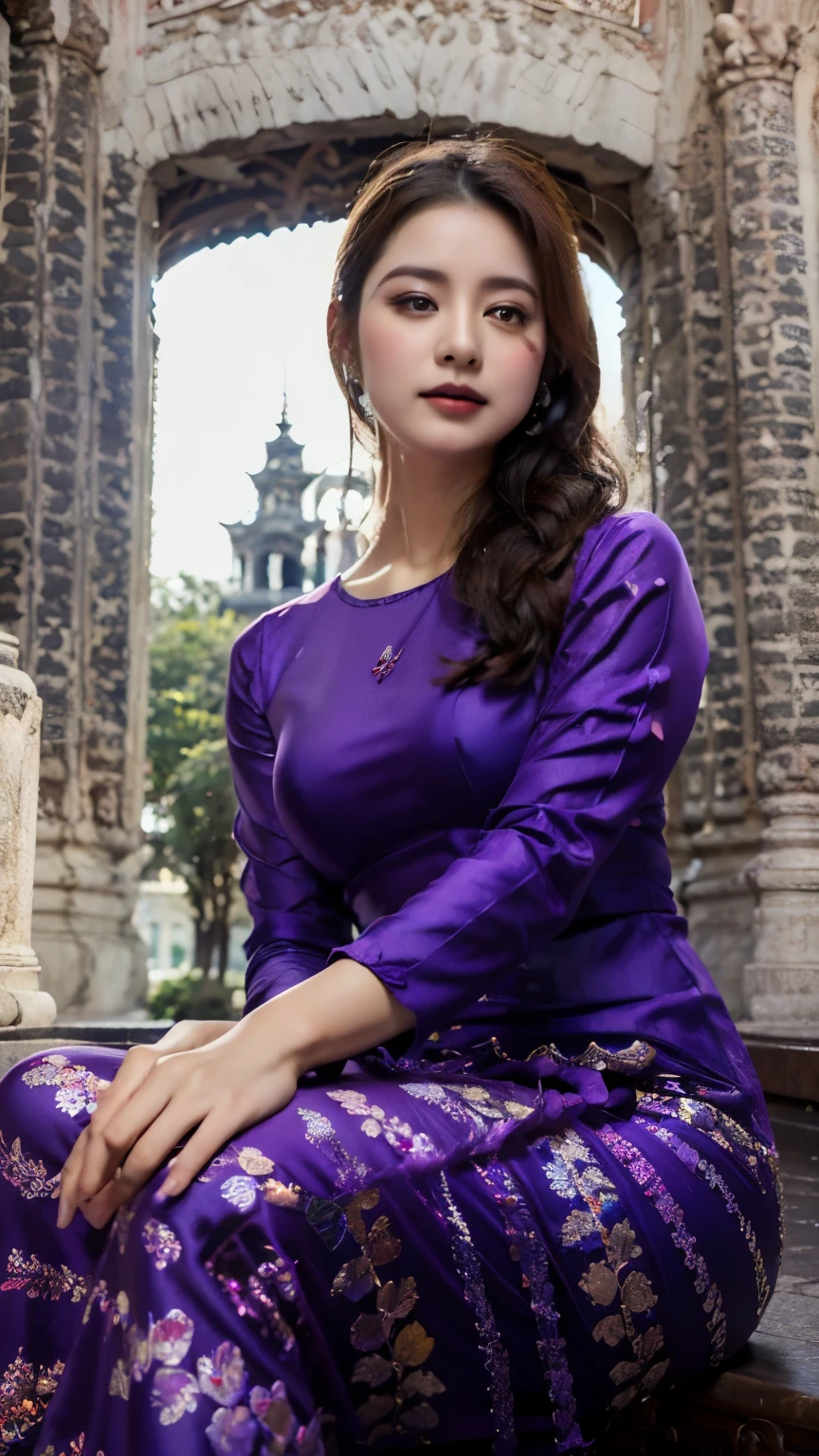 arafed woman sitting on a stone ledge in a purple dress, sukhothai costume, nivanh chanthara, with lovely look, portait image, traditional beauty, in style of thawan duchanee, sitting on temple stairs, in balcony of palace, ao dai, purple bridges with leggins, from side, in style of lam manh