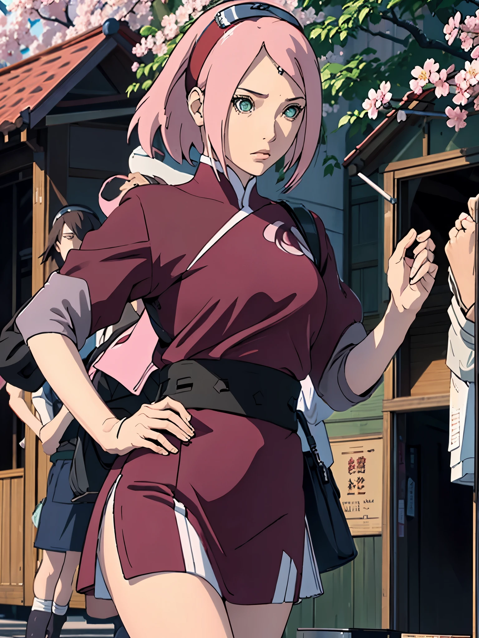 (best quality, highres,masterpiece:1.2), realistic, vibrant colors, detailed depiction, manga style, cherry blossom, Sakura Haruno, pink hair, emerald green eyes, forehead protector, Konoha headband, cherry blossom petal swirling, determined expression, graceful movements, dynamic pose, flowing pink dress, Inner Sakura, skilled shinobi, cherry blossom garden, glowing Chidori, blooming Sakura tree, harmony between beauty and strength, UHD resolution, 24K resolution, octane rendered 