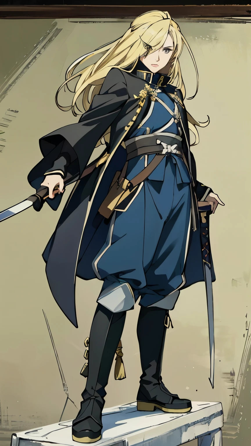 anime character with long blonde hair and blue outfit standing on a platform, masamune shiro, official character art, lucina from fire emblem, inspired by Li Chevalier, guilty gear art style, masamune, okita sougo, cushart krenz, marin kitagawa fanart, cushart krenz key art feminine, marisa kirisame，Olivier Mira Armstrong，金色长头发，钢之炼金术师，女少将，军服，军刀，女硬汉，军大衣，女军人，金色长发女军人，女军人，金发女魔头，大姐姐，身材