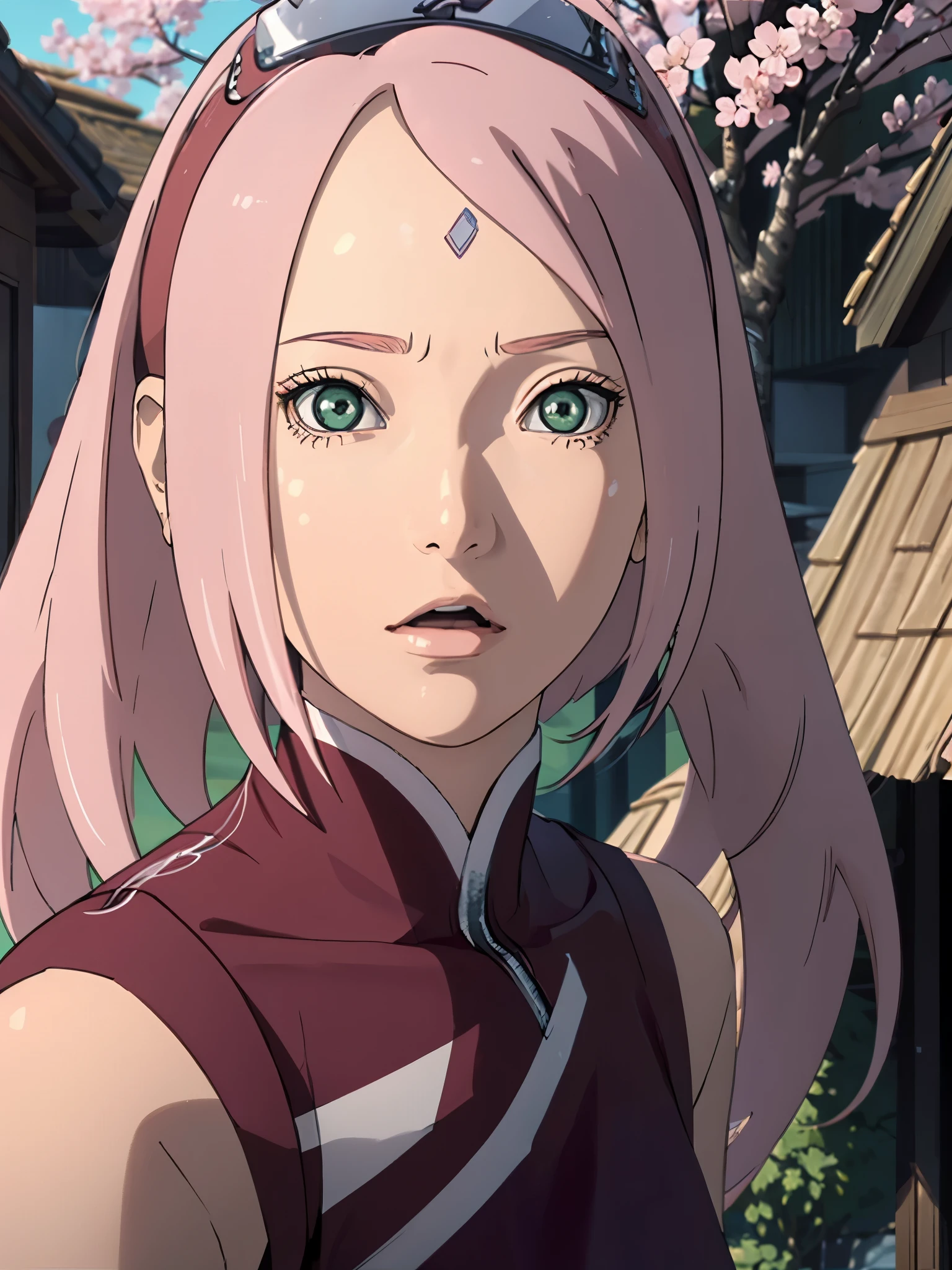 (best quality, highres,masterpiece:1.2), realistic, vibrant colors, detailed depiction, manga style, cherry blossom, Sakura Haruno, pink hair, emerald green eyes, forehead protector, Konoha headband, cherry blossom petal swirling, determined expression, graceful movements, dynamic pose, flowing pink dress, Inner Sakura, skilled shinobi, cherry blossom garden, glowing Chidori, blooming Sakura tree, harmony between beauty and strength, UHD resolution, 24K resolution, octane rendered 