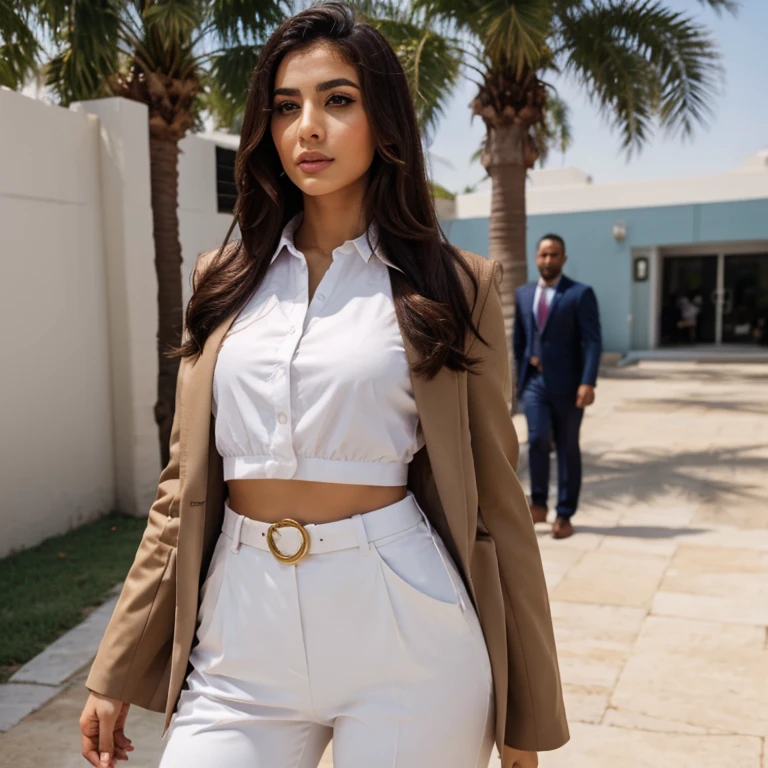 arab woman average look, standing up, instagram model photo, nice suit