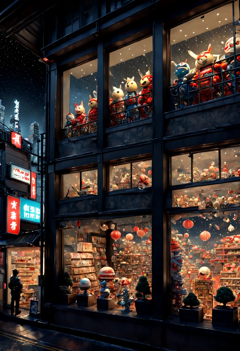 Toy Store, Window Display, night, by Yoji Shinkawa and Katsuhiro Otomo, octane render, enhance, intricate, (best quality, masterpiece, Representative work, official art, Professional, 8k wallpaper)