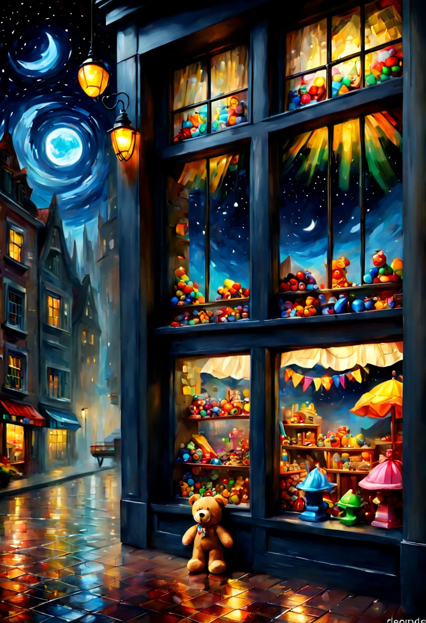 Toy Store, Window Display, night, by Leonid Afremov, octane render, enhance, intricate, (best quality, masterpiece, Representative work, official art, Professional, 8k wallpaper)