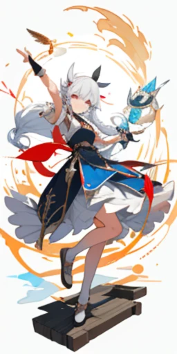Elf, A magical girl, long white hair, It’s good to be single, Single ear twisted braid, feather earrings, whole body, magician, Tactical pack, scroll, The clothes are black and red, magical weapons, fantastical creature, dynamic poses, shoulder, Unique character design, fine decoration, Bottle, brand, Standing picture, ground platform, HD, masterpiece, Super detailest quality, high resolution), super high resolution, ultra HD, 32k, cgstation pop music----niji 5