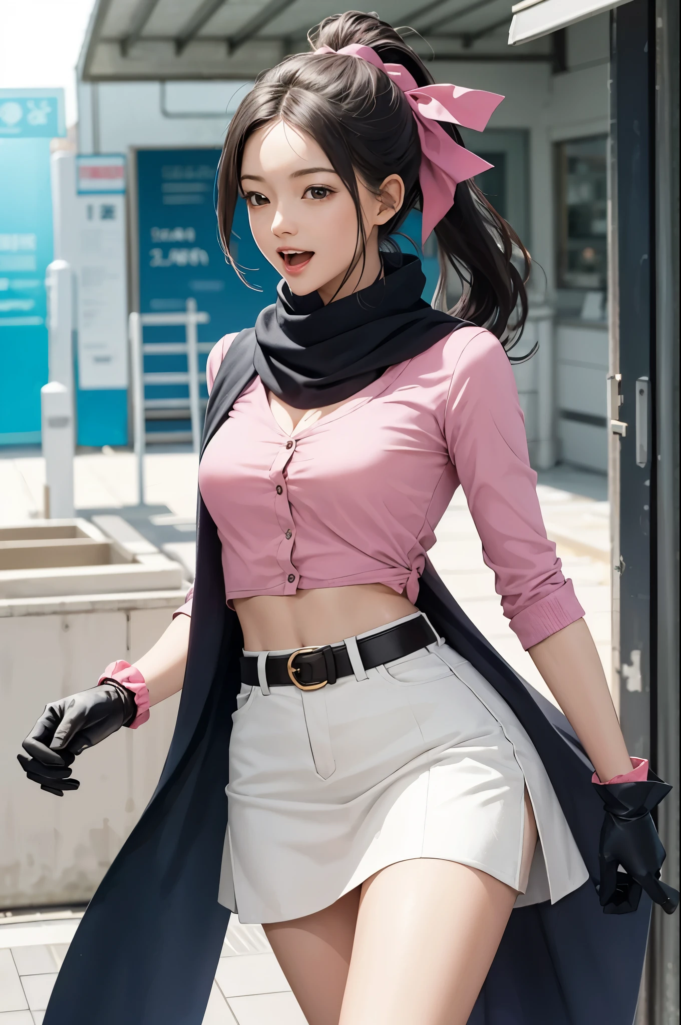 ((best quality, masterpiece)), ((style-swirlmagic):0.4),
1girl, power pose, dragon ball, blmpony, aqua hair, hair ribbon, braided ponytail, pink shirt, belt, scarf, pink skirt, clothes writing, brown gloves, smile, open mouth,