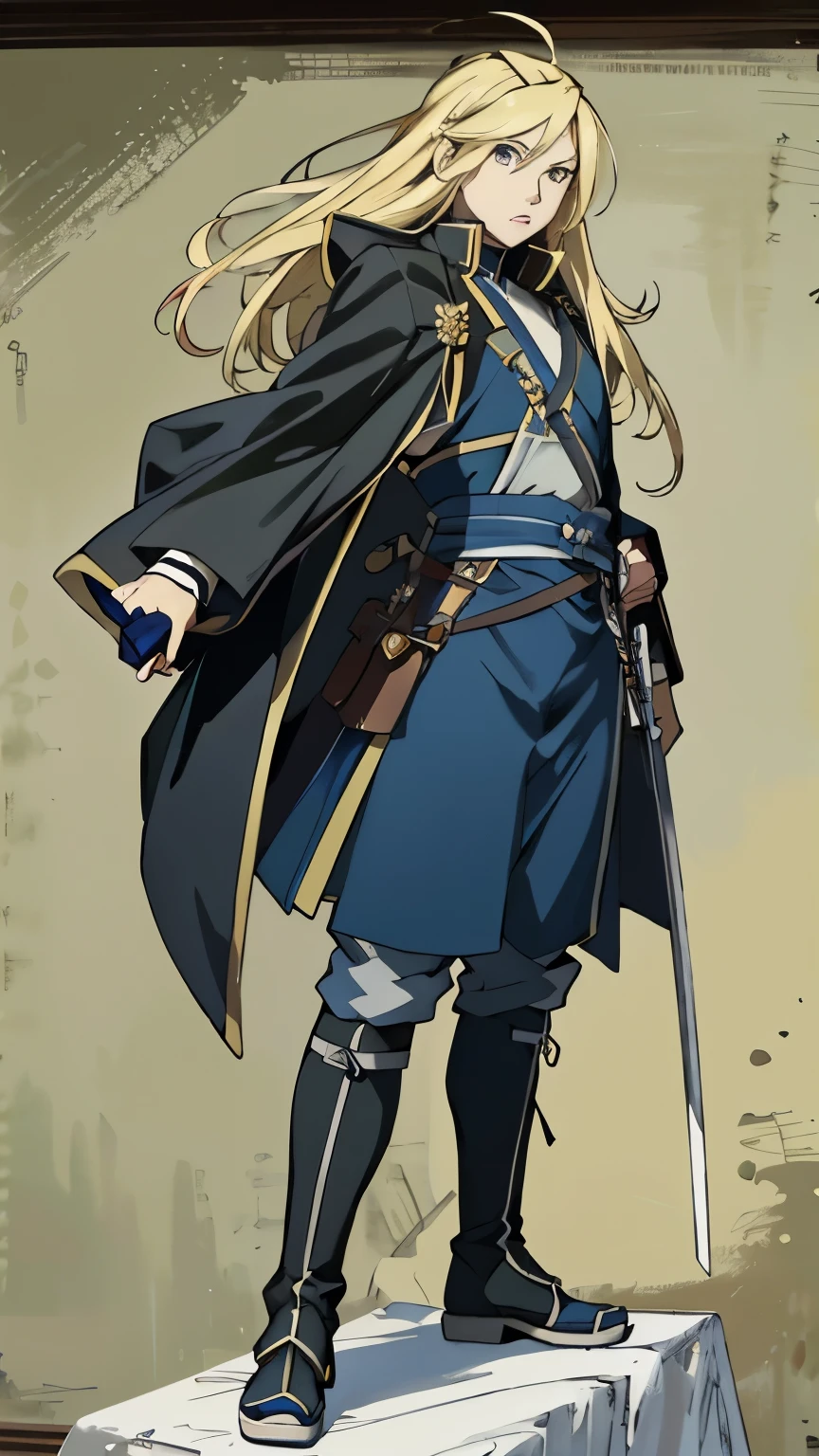 anime character with long blonde hair and blue outfit standing on a platform, masamune shiro, official character art, lucina from fire emblem, inspired by Li Chevalier, guilty gear art style, masamune, okita sougo, cushart krenz, marin kitagawa fanart, cushart krenz key art feminine, marisa kirisame，Olivier Mira Armstrong，金色长头发，钢之炼金术师，女少将，军服，军刀，女硬汉，军大衣，女军人，金色长发女军人，女军人，金发女魔头，大姐姐，身材