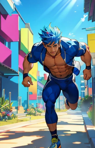 (masterpiece,best quality,ridiculous ), 1 person, muscular, delicate eyes, blue eyes, open jacket, running towards camera, Upper body, (Sunlight light),(rich and colorful), ((abstract background)),