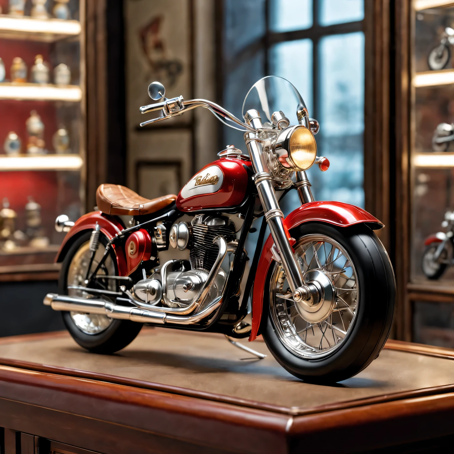 Glass display case,toy motorcycle,golden light,reflection,Transparent glass,shiny metal finish,Miniature size,vintage design,Meticulous craftsmanship,spinning wheel,Exquisite details,Retro Style,Motorized toys,Collection ,displayed in museum,Bright spotlight,precise scaling,micro engine,Rider in leather jacket,of red and white colors,Chrome handlebars,sparkling headlights,clear windshield,Gorgeous decals,Luminous tail lights,Retro Style标志,Showcasing the history of motorcycles,Pay attention to proportions and proportions,carefully drawn,Smooth lines and curves,Impressive craftsmanship,Show the essence of speed ,Racing stripes on the sides,Show its eternal charm,Spark the imagination,A classic accessory for enthusiasts and collectors,Detailed saddle and exhaust pipes.