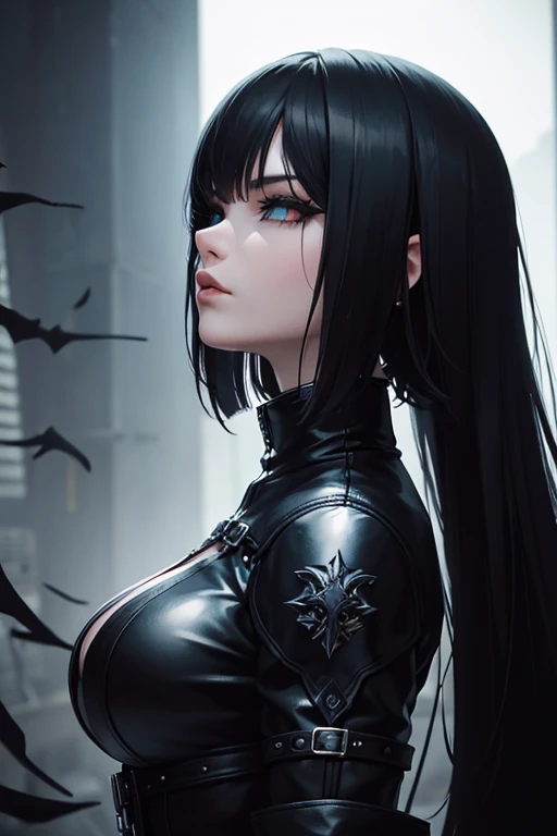 oriental gothic girl,cyberpunk,girl with big hips,leather collant,beautiful detailed eyes,beautiful detailed lips,extremely detailed eyes and face,long eyelashes,dark and mysterious background,portraits,highres,stunning lighting,richly colored,moody atmosphere,dark color palette,hauntingly beautiful,neo-noir,urban landscape,industrial setting,futuristic elements,gritty,edgy style,ominous atmosphere,sci-fi aesthetics,strong contrast,striking visuals,alternative fashion,steampunk influences,sleek and shiny textures,ultra-detailed,phantasmagoric,artistic interpretation,stylized,black and white,contrasting shadows,sharp edges,metallic accents,mixed media,layered composition,gothic architecture,night cityscape,slim silhouette,dynamic pose,mysterious aura.