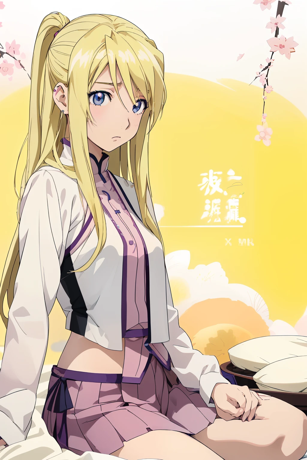 anime girl with blonde hair and pink shirt sitting on a bed, anime girl named lucy, blonde anime girl with long hair, anime style”, sky!, anime”, wallpaper!, anime best girl, anime visual of a cute girl, ”beautiful anime woman, female anime character, (anime girl), !!highly detailed!!, beautiful anime high school girl, fan art，Winry Rockbell，钢之炼金术师里的女主角温莉·洛克贝尔，长发少女，金发少女，铁匠工人，扎头巾，身材，焊接工作服，金色长发少女，Winry Rockbell