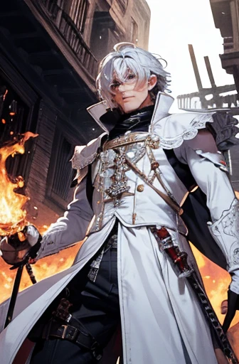 (ridiculous, high resolution, Super detailed), masterpiece, best quality, a man in white clothes, sword-wielding, sword surrounded by fire, alone, Handsome, narrow eyes, Detailed face, short hair, white hair, Vibrant red eyes, city ruins, dark background, from below, look down, cowboy shooting, swirl, eddy, spark