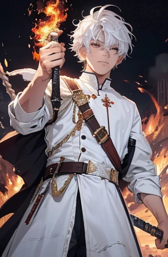 (ridiculous, high resolution, Super detailed), masterpiece, best quality, a man in white clothes, sword-wielding, sword surrounded by fire, alone, Handsome, narrow eyes, Detailed face, short hair, white hair, Vibrant red eyes, city ruins, dark background, from below, look down, cowboy shooting, swirl, eddy, spark