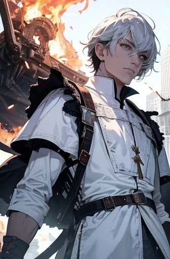 (ridiculous, high resolution, Super detailed), masterpiece, best quality, a man in white clothes, sword-wielding, sword surrounded by fire, alone, Handsome, narrow eyes, Detailed face, short hair, white hair, Vibrant red eyes, city ruins, dark background, from below, look down, cowboy shooting, swirl, eddy, spark