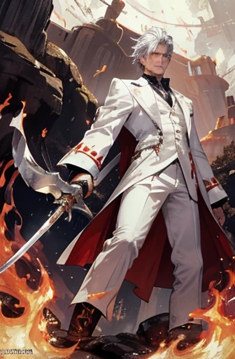 (best quality,highres,ultra-detailed,masterpiece:1.2), a man wearing a white suit, swinging a sword, the sword surrounded by fire, isolated, handsome, detailed face, short hair, white hair, vibrant red eyes, ruins, dark background, looking down from below, cowboy shooting, whirlpool, vortex, sparks