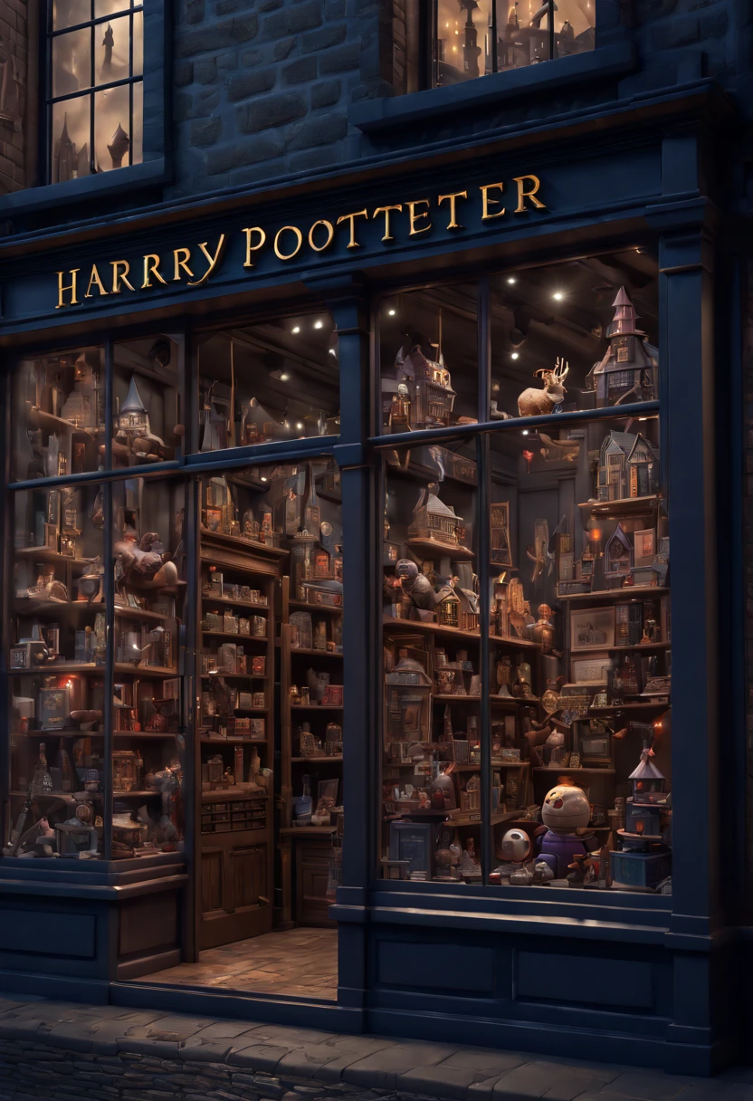 "Harry Potter", Toy Store, Window Display, octane render, enhance, intricate, (best quality, masterpiece, Representative work, official art, Professional, 8k wallpaper:1.3)