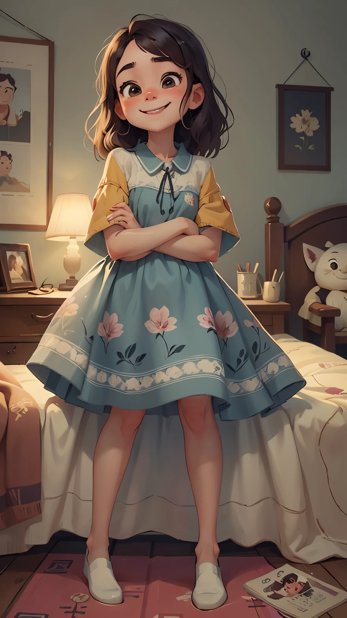 温柔的女人和可爱的女孩在bed看书，Smile，atmosphere of，bed，Cover the quilt，Pixar cinematic style, best quality, movie stills,