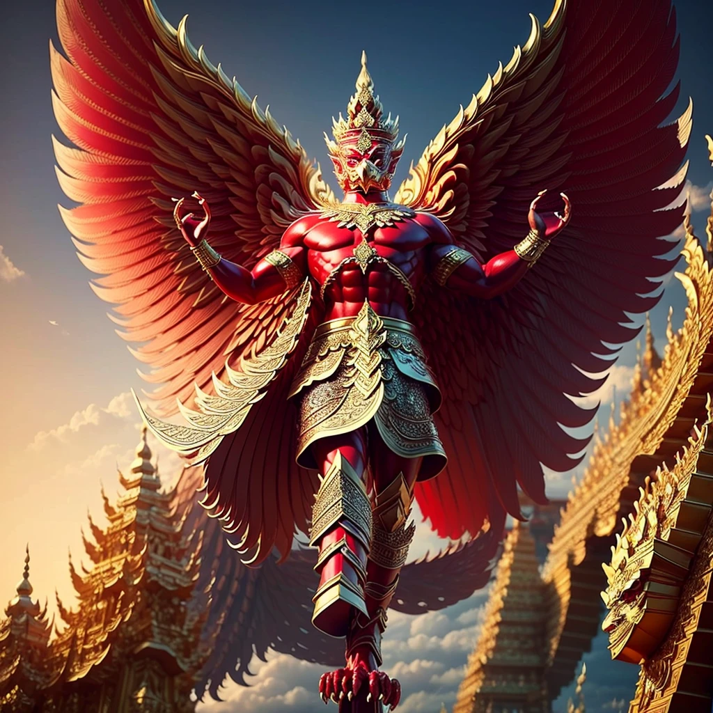 (Garuda 1) Red eyes, muscular body. Best anatomy: Red-skinned Garuda. Red-haired Garuda. Large, outstretched, red-winged Garuda. perfect wingspan Wear jewelry made from gold with Thai patterns. Gold jewelry decorated with diamonds on Garuda's head Wearing Thai cloth pants, Thai silk, red Thai pattern. Hands on hands and legs look like perfect birds. Hands, legs, feet are perfect. Stand on the ground, look straight, stand fully. The skin is the most detailed. The skin is red. The fur is the most detailed red. Red eyes, best detail The best anatomical details, details, cloth, accessories, Thai warrior armor. Best Metal Details Best Weapons Best Weapon Details (Special details Masterpiece quality Realistic Photos(Ultimate Realistic Photos 8k,16k,32k) Maximum realism and best lighting details. Best light quality, best shadows World class photography studio (Best close-up view)(The backdrop of the Thai temple castle is extinguished with gold, silver, emeralds, diamonds, perfect. The background is the sky, clouds, and fog. It feels natural and realistic.)