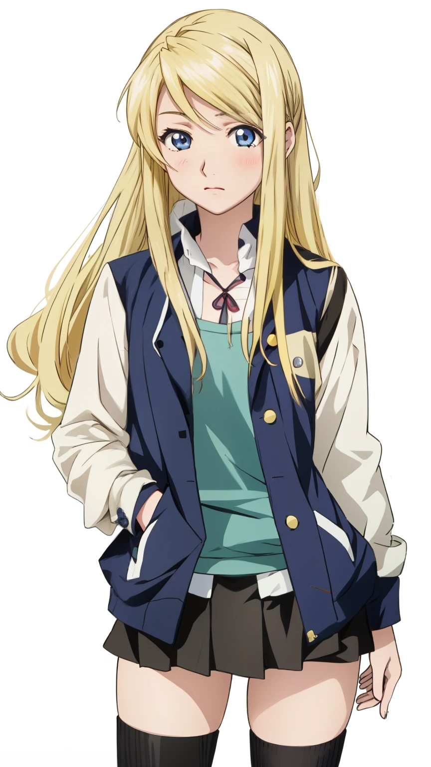 a girl with long blonde hair and a jacket  standing, anime best girl, anime girl named lucy, anime visual of a cute girl, blonde anime girl with long hair, marin kitagawa fanart, beautiful anime high school girl, junko enoshima, yuruyuri, as an anime character, by Ei-Q, by Oka Yasutomo，Winry Rockbell，钢之炼金术师里的女主角温莉·洛克贝尔，长发少女，金发少女，铁匠工人，扎头巾，身材，焊接工作服，金色长发少女，Winry Rockbell