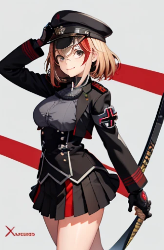 masterpiece, best quality, Ron V4, 1 girl, alone, looking at the audience, Smile, skirt, shirt, Gloves, long sleeves, Keep your mouth shut, permanent, jacket, Upper body, side lock, pleated skirt, boots, black Gloves, collared shirt, miniskirt, black skirt, black footwear, black jacket, buttons, hat, knee boots, cross, armband, grey shirt, cropped jacket, iron cross,Samurai sword,Samurai sword in hand,Japanese Samurai sword,long blade Samurai sword,Samurai sword held with right hand,Samurai sword long blade 60cm,Samurai sword in the hand,with high Samurai sword with one blade,high quality hand,just a Samurai sword,only one blade,