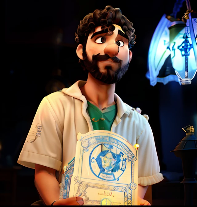 A curly-haired actor boy with tarot cards in front, illuminated by the light of a lamp, barba e bigode bem feito
