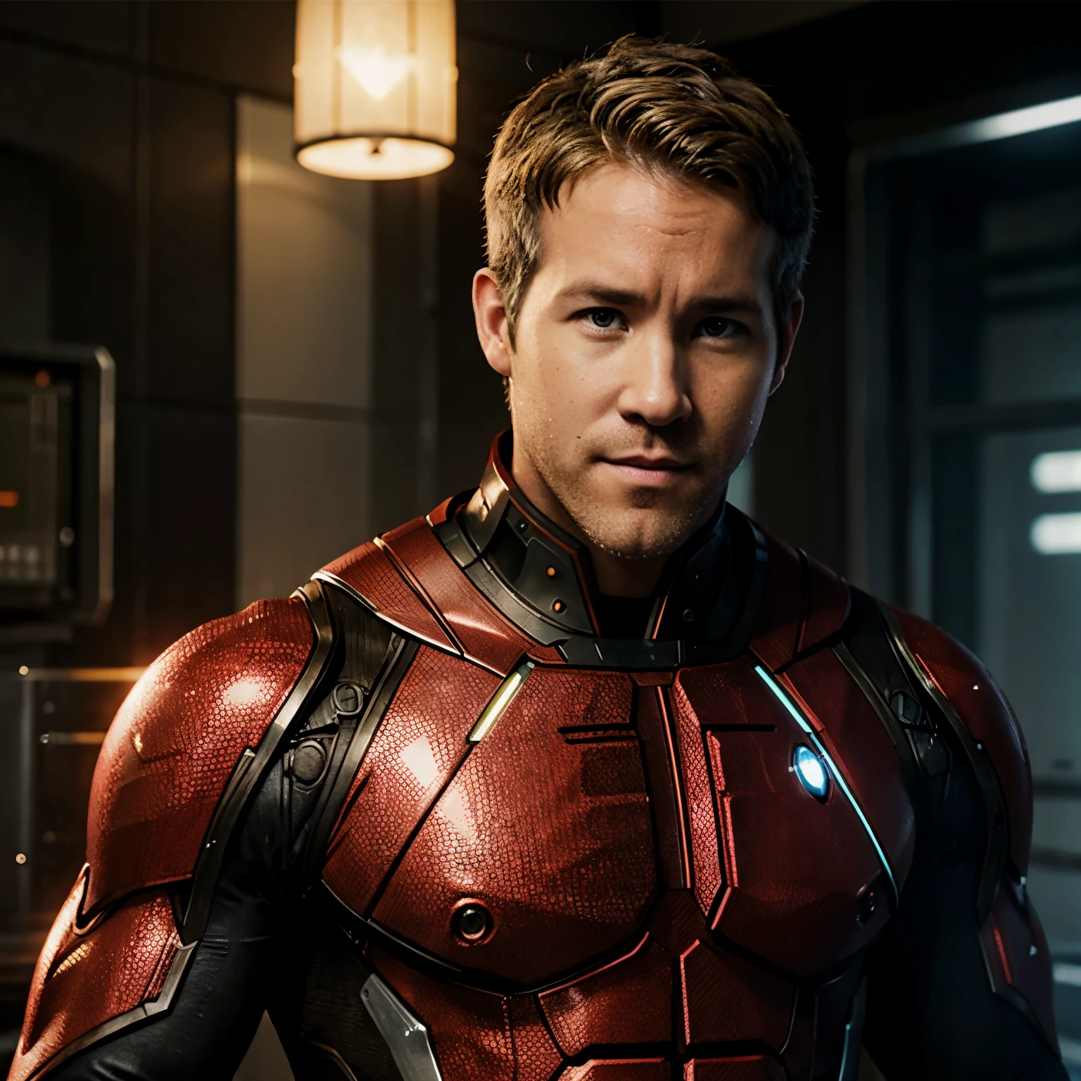 Ryan Reynolds as a blonde cyborg superhero half body