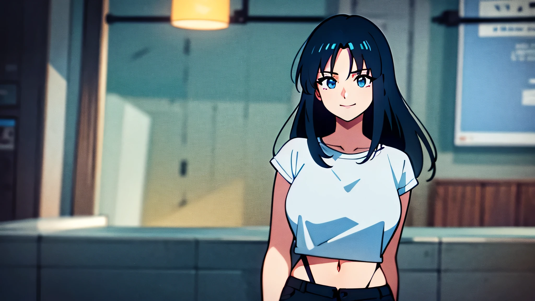 woman with blue hair, standing in front of a city afternoon background wears white t shirt with some sort of a logo standing like a cute girl giving lofi vibes . She has large, expressive eyes and smiling a cute smile and wears a white shirt with pink text on it the shirt reach over the breasts and her stomach is visible expressing her sexy body. Her hair fall over her shoulders. The woman's face is the focus of the image and she is standing only , as she gazes directly at the viewer with smile expression. The woman's clothing and appearance suggest that she may be from an anime or manga series. The dominant color in this image is black, both in the foreground and background, giving it a dark and dramatic feel of a city night. Despite being animated, there are realistic elements to this character's design - such as her facial features and clothing - making her seem almost lifelike. This could also explain why one of the description captions mentions "human face" as one of its tags. In addition to being visually striking, this image also contains several objects within its frame. These include a yellow circle with pink text , a traffic light (which appears blurry due to motion), and even what seems to be someone's shorts up close. Overall, this captivating illustration captures attention through its use of bold colors and detailed artwork while simultaneously hinting at potential themes or genres through its various tags. Whether you're familiar with anime/manga culture or not, there's no denying that this cartoon woman demands your attention
