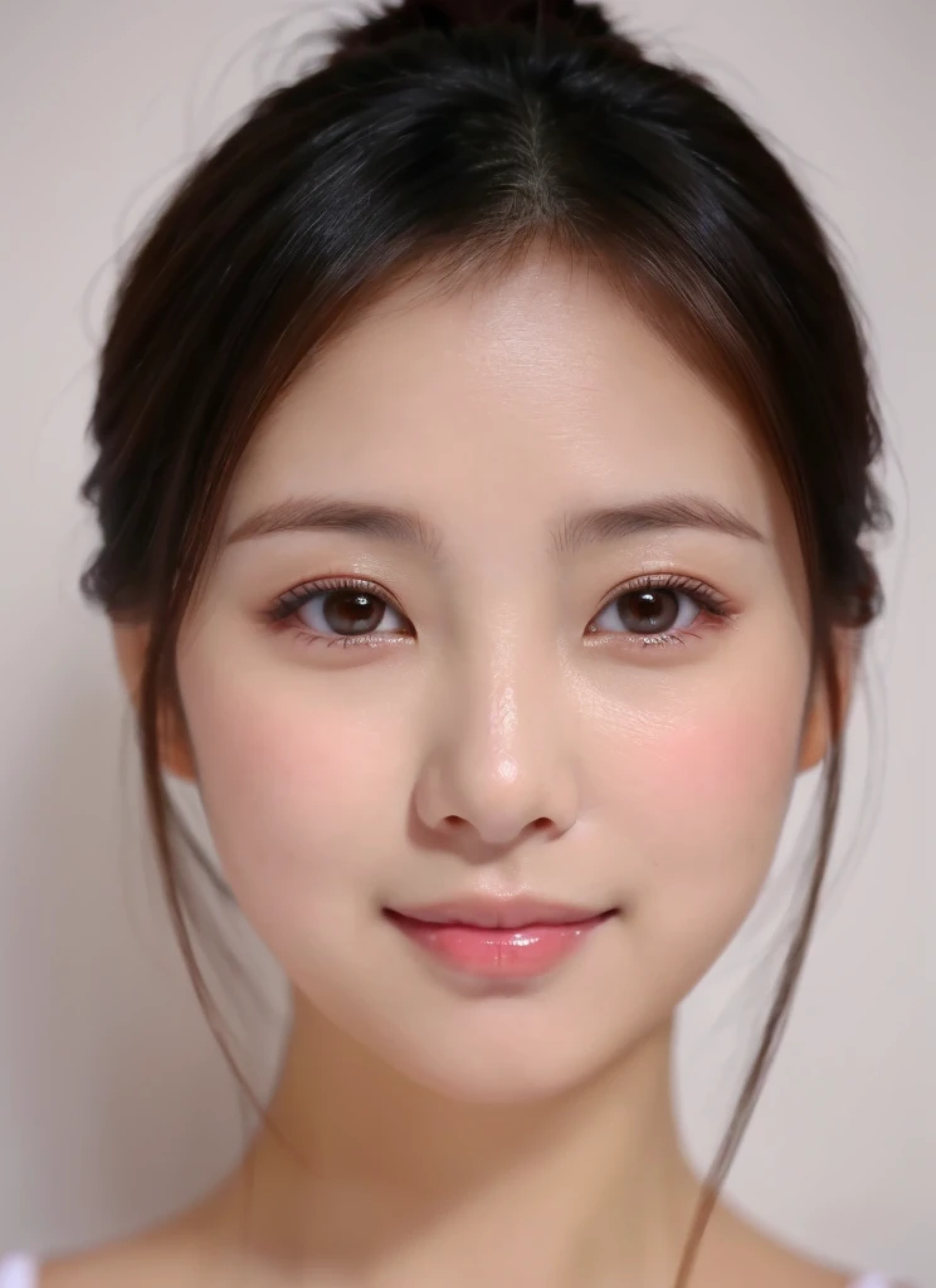 ((cute日本の女の子、beautiful japanese girl、1 girl、clear、19 years old、ponytail、Highly detailed face and skin texture、refinement、super detailed face、highly detailed eyes、Lee Hong、blush、cheek、ピンクのcheekを塗ったcheek、close-up of woman、 from the neck up、 Close to the camera、 positive face、Forward-facing body、look at the camera、front、cute、smooth white skin、Transparent skin texture、))、(dark brown hair、bangs)、beautiful woman with perfect style:1.4、japanese model、young gravure idol、若いcuteグラビアアイドル、Realistic young gravure idol、refinementされたグラビアアイドル、((highest quality、8K、masterpiece:1.3、1photograph))、(4K、RAWphotograph、highest quality)、(realistic、フォトrealistic:1.37)、Place someone on the other side of the screen、Natural light、