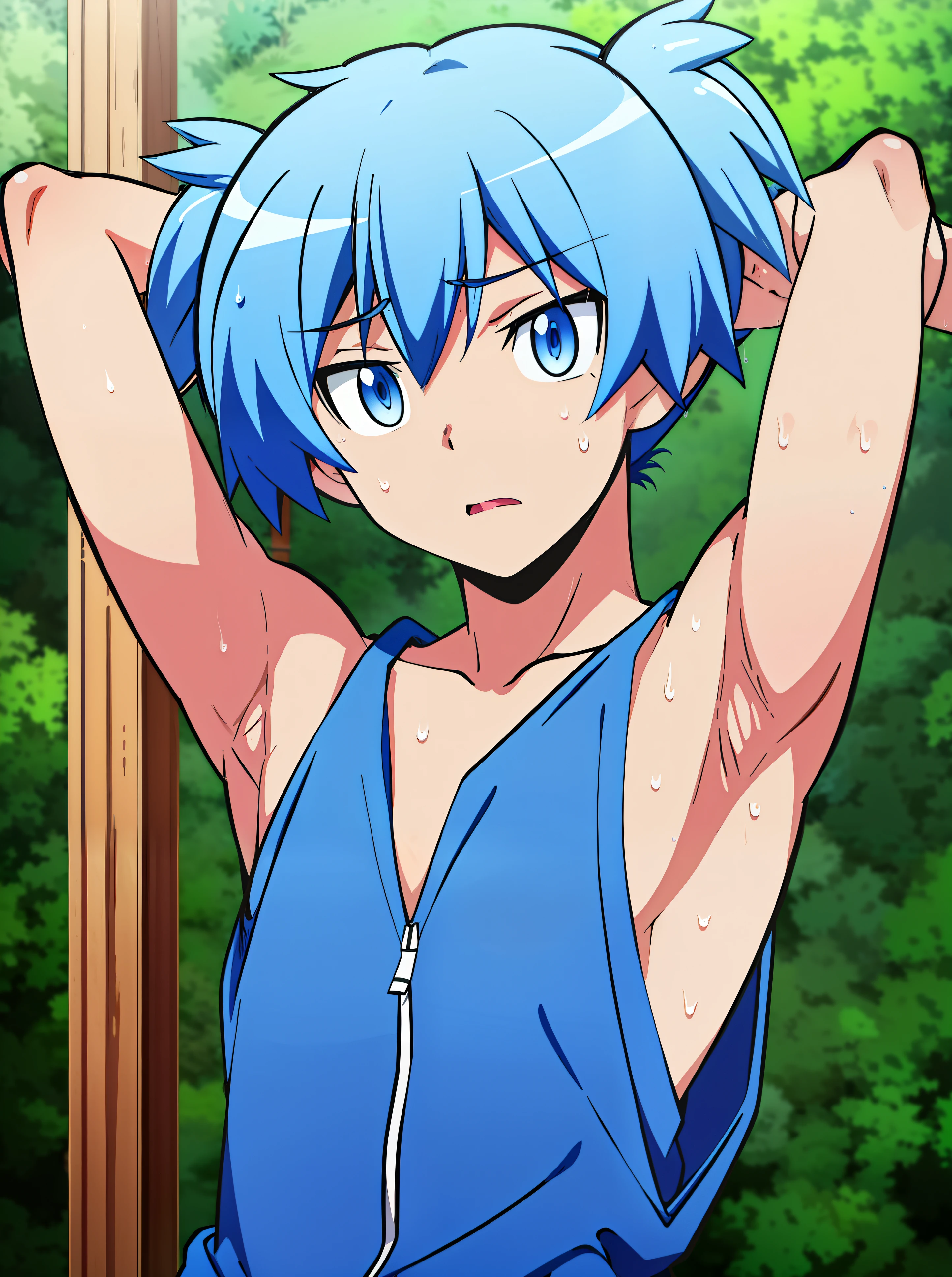 masterpiece, best quality, high quality, 1boy, solo, male focus, looking at viewer, Shiota_nagisa, Blue hair, Blue eyes, Short twintails, Shy, Sweat, Flat chest,  (showing two armpits:1.4), sweating, shota, outdoors, Sleeveless hoodie, White hoodie, seductive face, cute boy, slim body