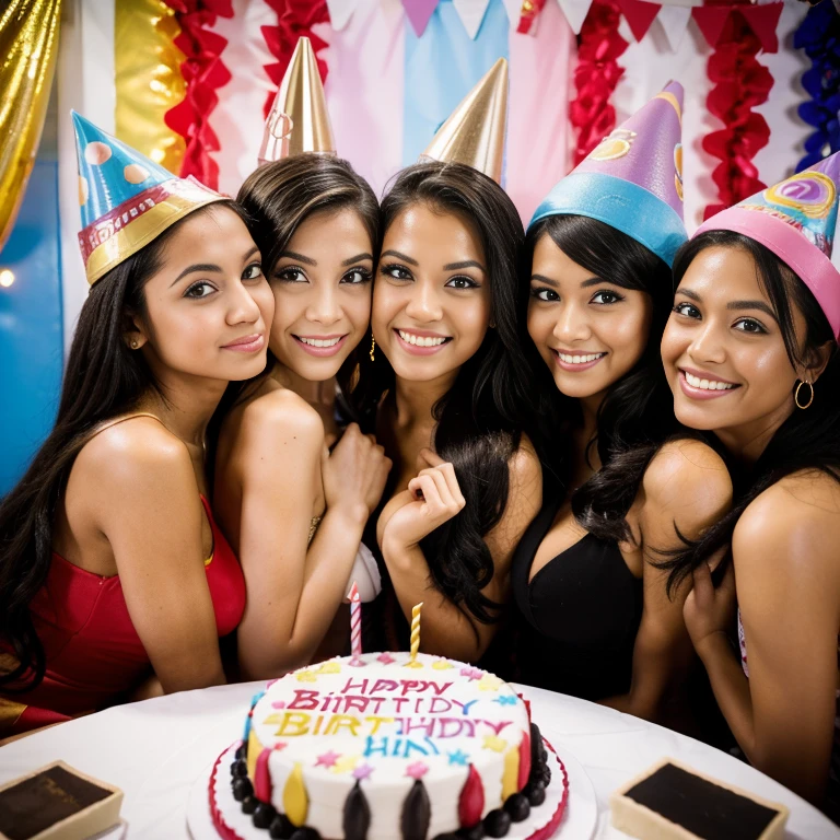 5girl, birthday party, orgy, all , , lesbians, black hair, birthday hats, latinas, sexy poses, cake, Chao's, kissing lips, birthday background, far away, blond hair, birthday cake, photo next each other, table with cake, birthday theme, all smiling,