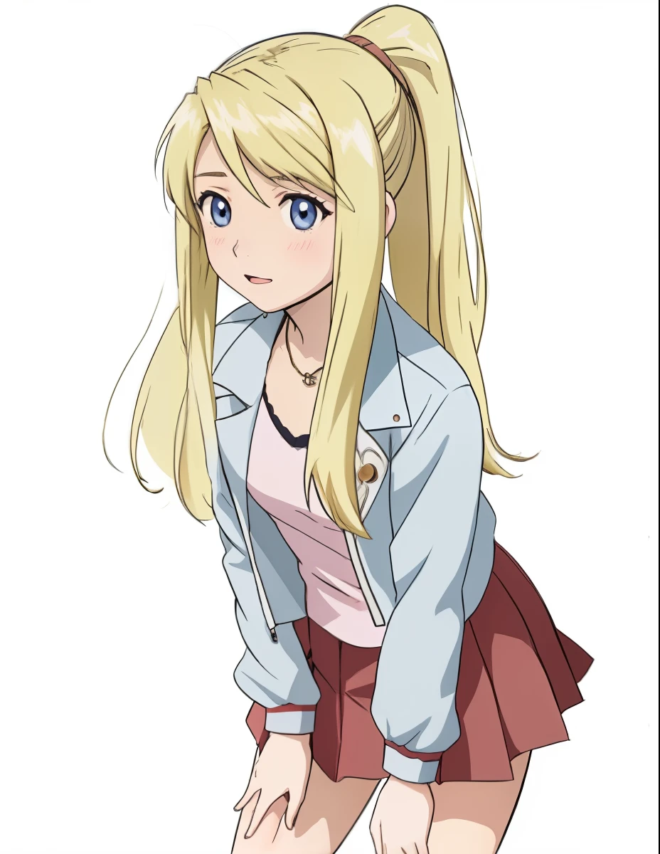 a close up of a person with a skirt and jacket, anime girl named lucy, blonde anime girl with long hair, pretty anime girl, an anime girl, anime best girl, cute anime girl, anime visual of a cute girl, young anime girl, anime style”, anime girl, beautiful anime high school girl, female anime character, attractive anime girl, cute anime girl portraits，Winry Rockbell，钢之炼金术师里的女主角温莉·洛克贝尔，长发少女，金发少女，铁匠工人，扎头巾，身材，焊接工作服，金色长发少女，Winry Rockbell，扎马尾辫，金色头发扎马尾辫，金色马尾辫长头发