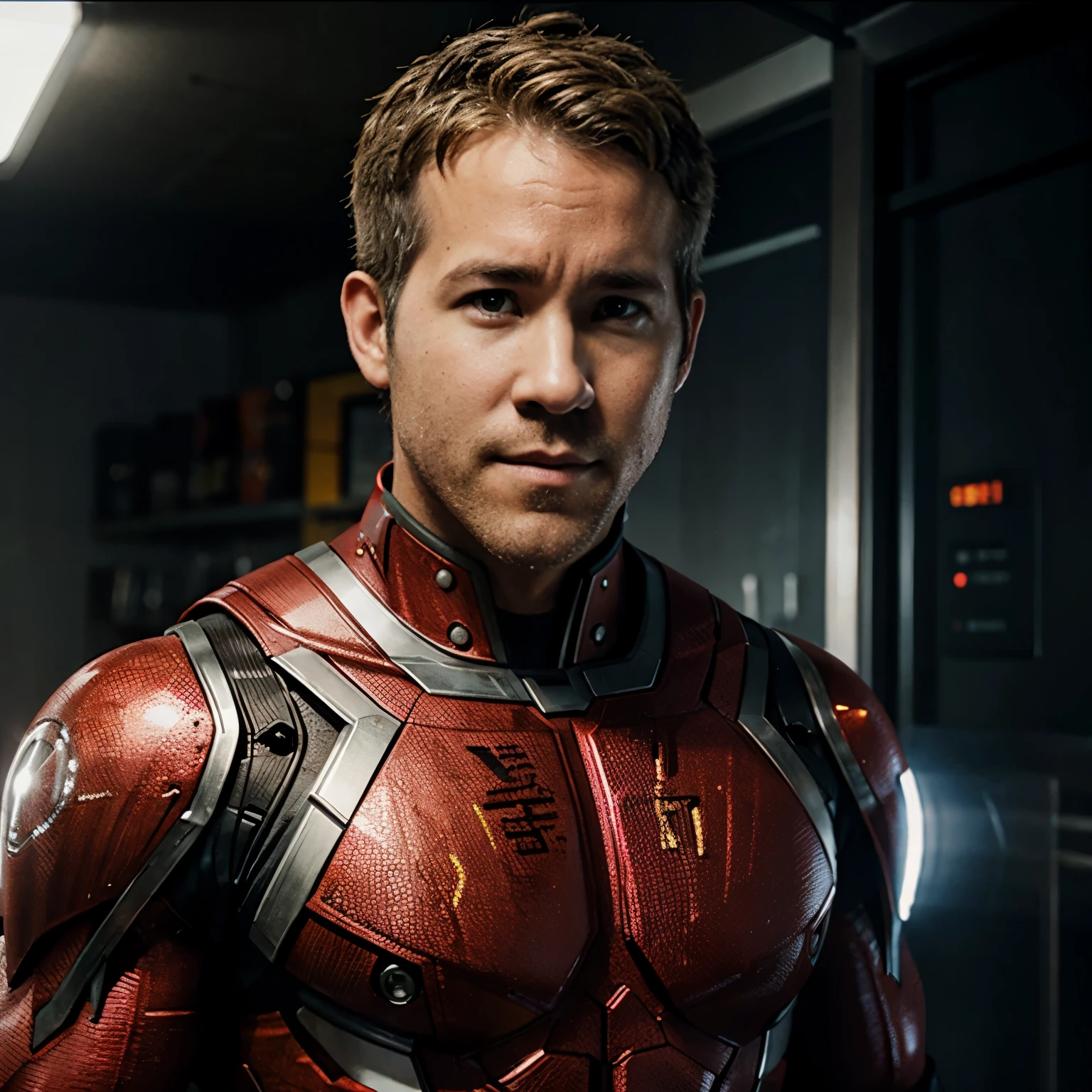 Ryan Reynolds as a blonde cyborg superhero half body