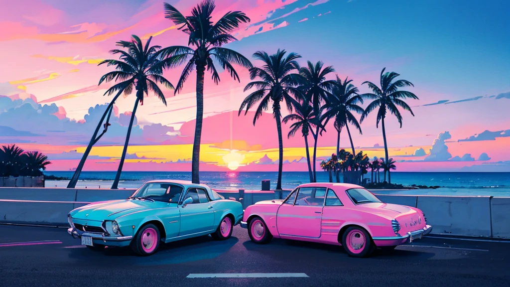 seaside parking lot, pink sky, palm tree, blue classic car, blue and pink neon