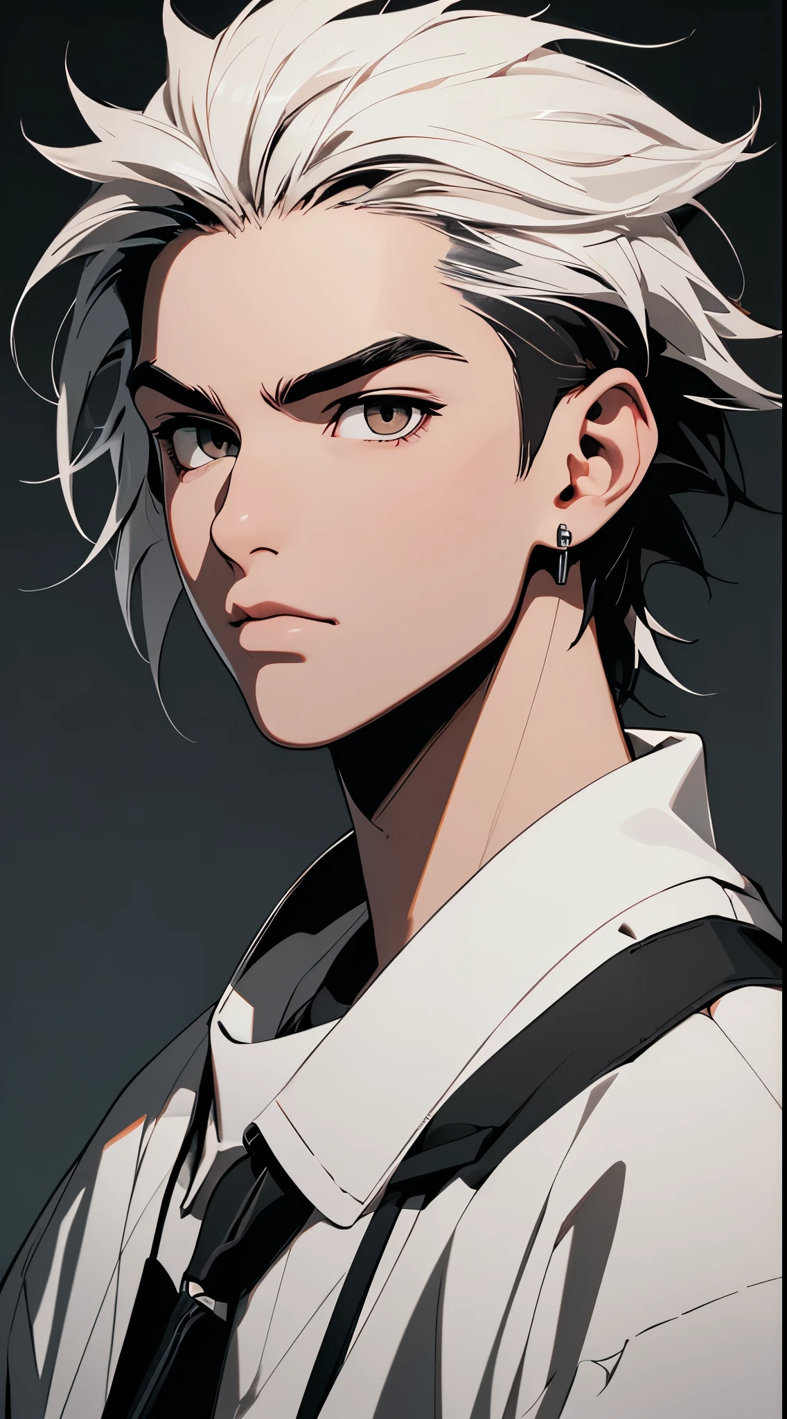 1 male, Vegeta, black hair, arms crossed, standing, upper body portrait, 8k, masterpiece, UHD, HDR, very detailed, mountain background, serious face, greyscale color, anime art style,