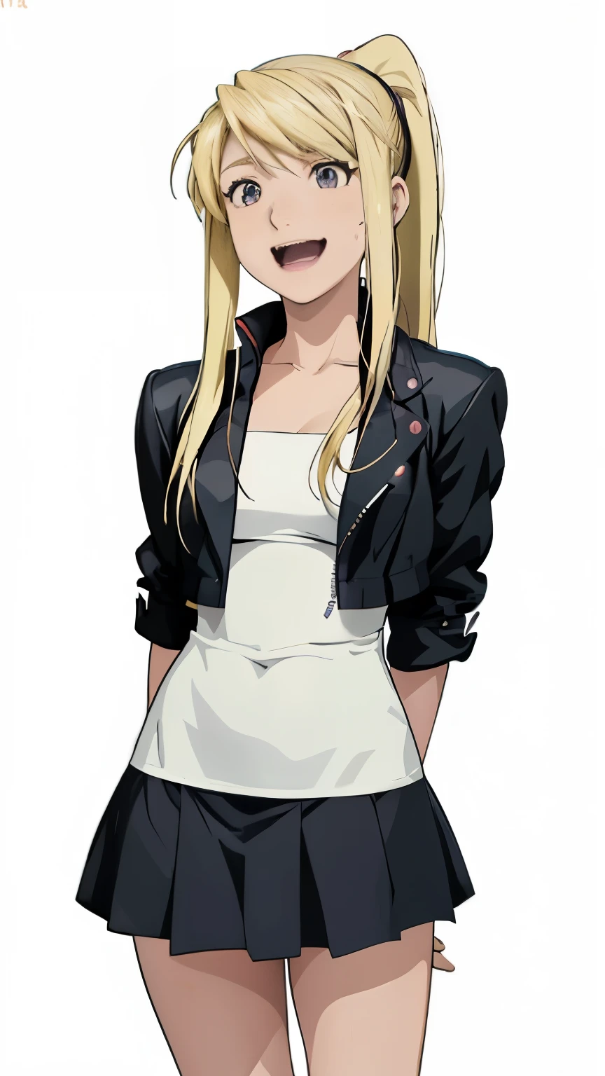 a woman in a short skirt and jacket  laughing, anime girl named lucy, junko enoshima, rena nounen style 3/4, marisa kirisame, as an anime character, anime best girl, rei hiroe, yuruyuri, female anime character, anime character, kirisame marisa, an anime girl, shiori teshirogi，Winry Rockbell，Winry Rockbell, the heroine in Fullmetal Alchemist，Long-haired girl，Blonde girl，blacksmith worker，Tie-up a headscarf，figure，Welding work clothes，金色Long-haired girl，Winry Rockbell，Tied ponytail，金色头发Tied ponytail，Blonde ponytail for long hair