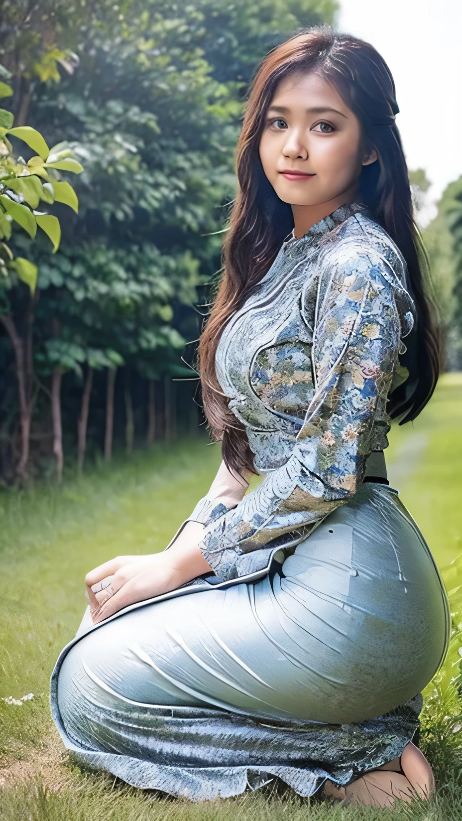 Highly detailed illustration, best quality, masterpiece, 1 girl, long hair, kneeling and looking at the viewer, sunlight, life like texture, acmm ls outfit, wearing acmm top, olive green acmm top, long sleeves, wearing acmm long skirt, olive green acmm long skirt, printed skirt, rural village background