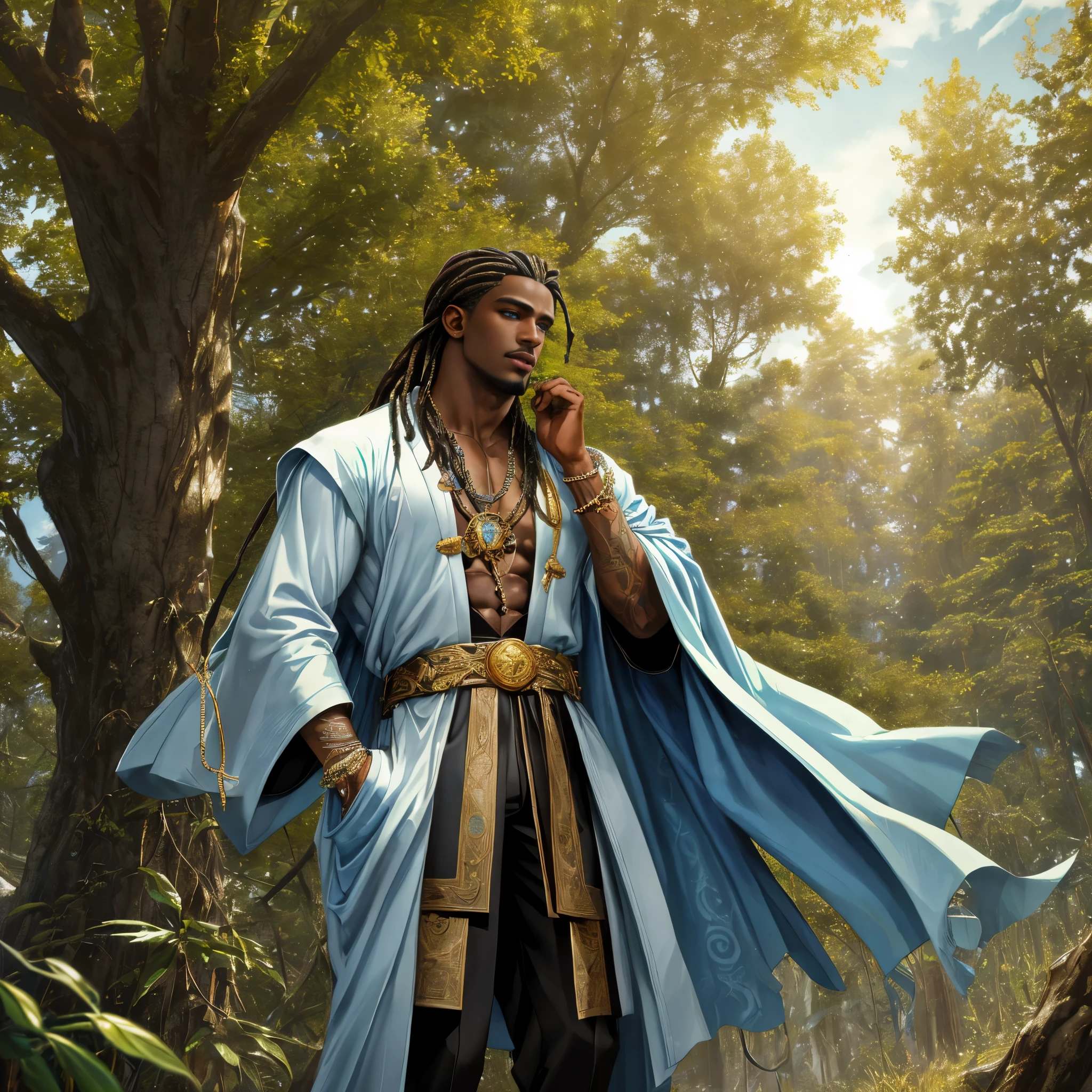 (absurdres, highres, ultra detailed, HDR), masterpiece, best quality, 1boy, (dark-skinned Haitian man), long white freeform locs, goatee and soul patch, handsome face, baby blue eyes, (handsome(from below:1.1)) detailed exterior, detailed character, wearing open flowing ice wizard's robe with sleeves rolled up revealing magic rune tattooed forearms, wearing large chunky jeweled magical bracelets, reading large ancient leather bound tome, standing outside of Arctic cannabis indica tree forest treehouse during golden hour atmosphere