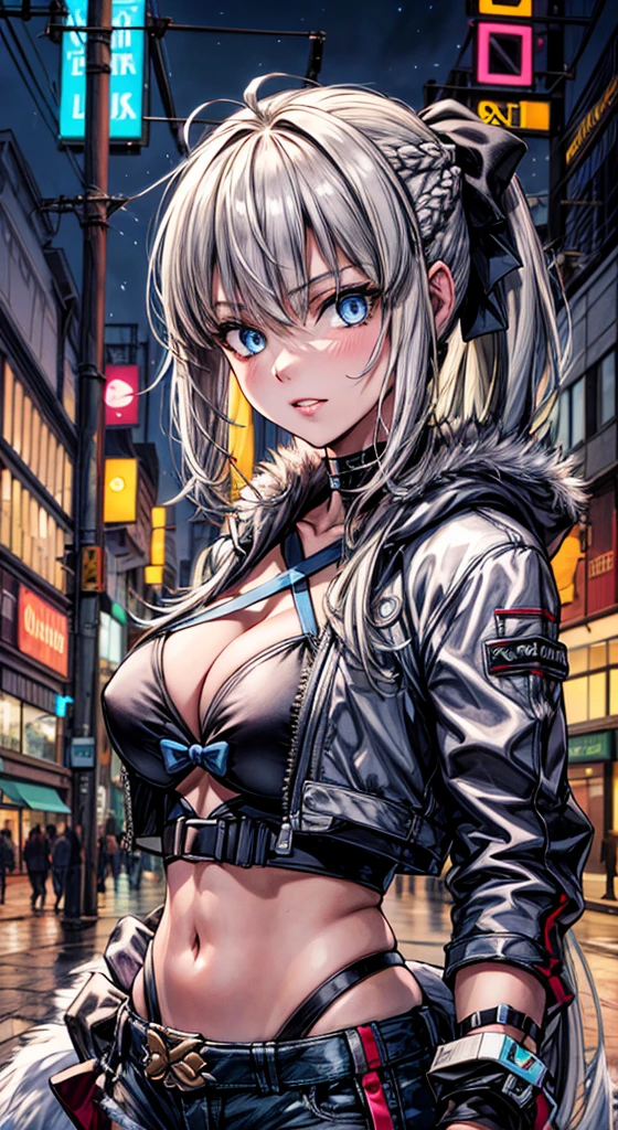 (Enrich the picture,Masterpiece level quality)Beautiful 8K CG artwork,1girl,solo,morgan le fay (fate),detailed face, perfect face, perfect eyes,blue eyes,Long Hair, pony tail,Very long hair, big boob, black bow,Hair Bow, thighs,side locks, French braid, grey hair,chuckle,Slim and soft,big breasts,cleavage,Black Bikini,denim short shorts,open shorts,white fur jacket,white jacket,outdoors, night, neon lights,cyber punk,
