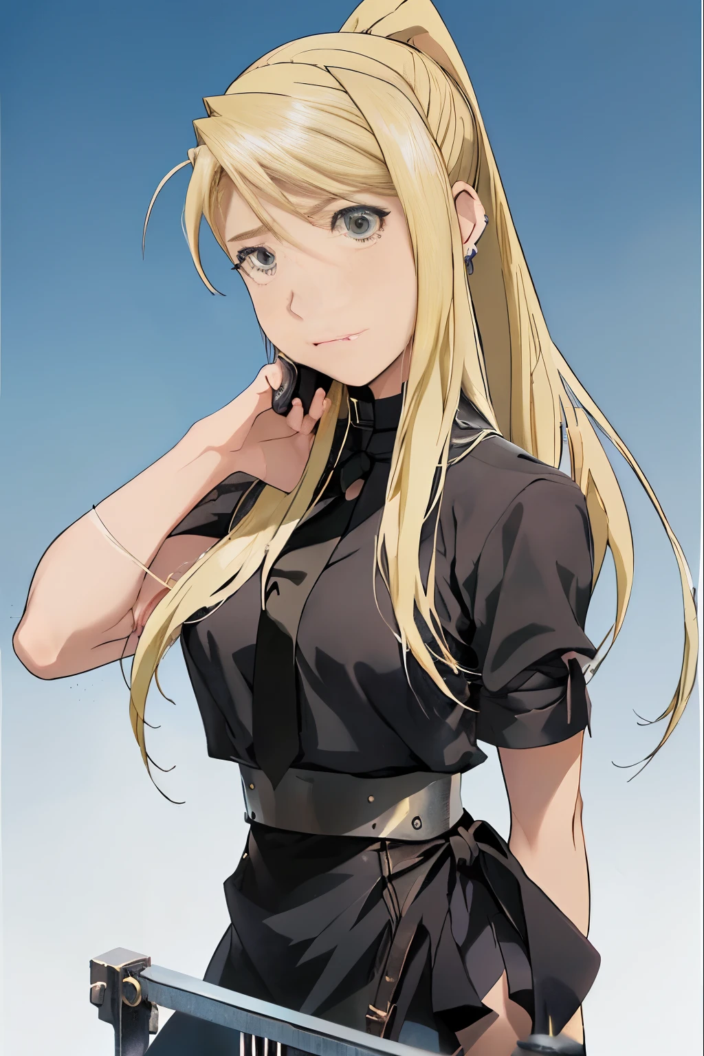 a woman with long blonde hair and a black shirt  holding a cell phone, in full metal alchemist, misa amane *, ( ( misa amane # ) ), sil from species, fullmetal alchemist, full metal alchemist, female anime character, anime girl named lucy, portrait of a female anime hero, misa amane, fullmetal alchemist brotherhood，Winry Rockbell，Winry Rockbell, the heroine in Fullmetal Alchemist，Long-haired girl，Blonde girl，blacksmith worker，Tie-up a headscarf，figure，Welding work clothes，金色Long-haired girl，Winry Rockbell，Tied ponytail，金色头发Tied ponytail，Blonde ponytail for long hair