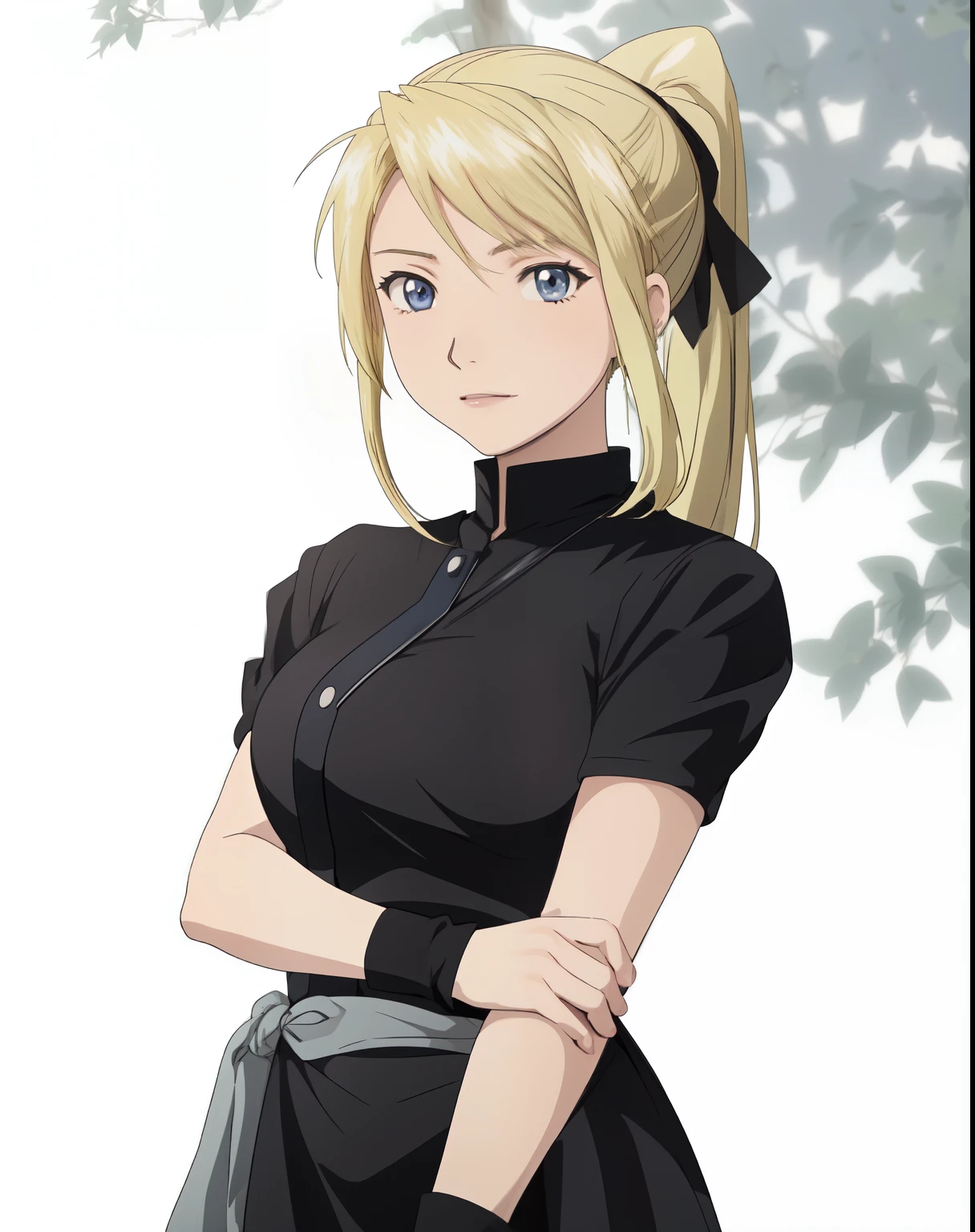 a woman with blonde hair and a black shirt  standing in front of a tree, female protagonist 👀 :8, anya from spy x family, rena nounen style 3/4, female anime character, made with anime painter studio, anime style character, anime girl wearing a black dress, anime visual of a young woman, marin kitagawa fanart, looking like annie leonhart，Winry Rockbell，Winry Rockbell, the heroine in Fullmetal Alchemist，Long-haired girl，Blonde girl，blacksmith worker，Tie-up a headscarf，figure，Welding work clothes，金色Long-haired girl，Winry Rockbell，Tied ponytail，金色头发Tied ponytail，Blonde ponytail for long hair