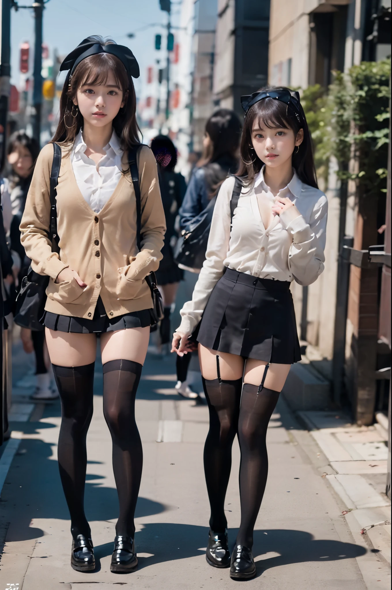 ((３full body photography of a person))、street snap、(With a  wearing a micro miniskirt((tall))Sexy Gal３I have a sister)、((3 girls)、(japanese gal))、Phenomenally cute schoolgirl、cat ear headband、skinny fit uniform、Winter clothes、Japanese school black uniform、(big g cup breasts)、(The shirt opens on the chest, exposing a lot of cleavage.)、surreal、Beige cardigan、Wearing a dark blue uniform、Full body Esbian、nice skin、glowing skin、nice thighs、((long legs))、((wide thighs))、lifted((Micro Mini Skirt))、With garter、(patternless black knee high socks)、(((all hands)(I always wear black garter knee socks that reach above my knees.)))、(I&#39;m wearing very high heels)、Nogizaka Idol、korean idol、Invite you inside、inviting eyes