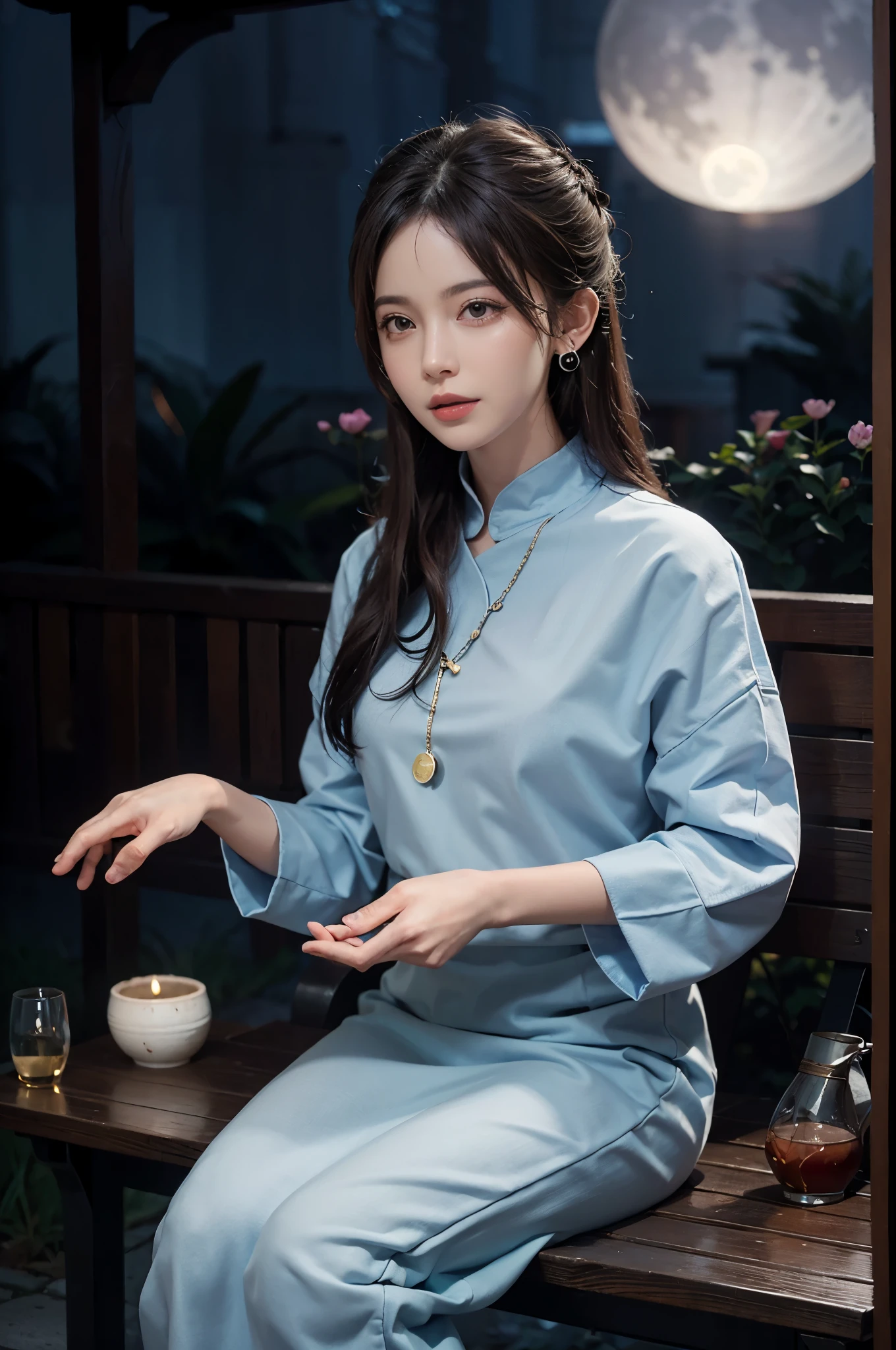 1 girl, 模糊of, 模糊of_background, 棕色of_Eye, 棕色of_hair, depth_of_site, earrings, flower, 满of_moon, hair_flower, hair_decoration, lips, watching_exist_audience, moon, moonlight, night, night_Sky, outdoor, 红色of_flower, 红色of_moon, Sky, 独自of