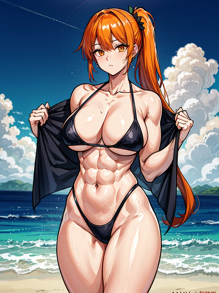 (((masterpiece、Highest image quality、highest quality、highly detailed unity 8kwallpaper)))、((Illustration of one girl))、(((beautiful girl)))、((orange hair、side ponytail、sidelocks:1.2、orange eyes))、((((body full of big scars)))、((stocky build, thickset physique:1.3, muscular legs, broad shoulders, solid chest)))、swimsuit、sandy beach