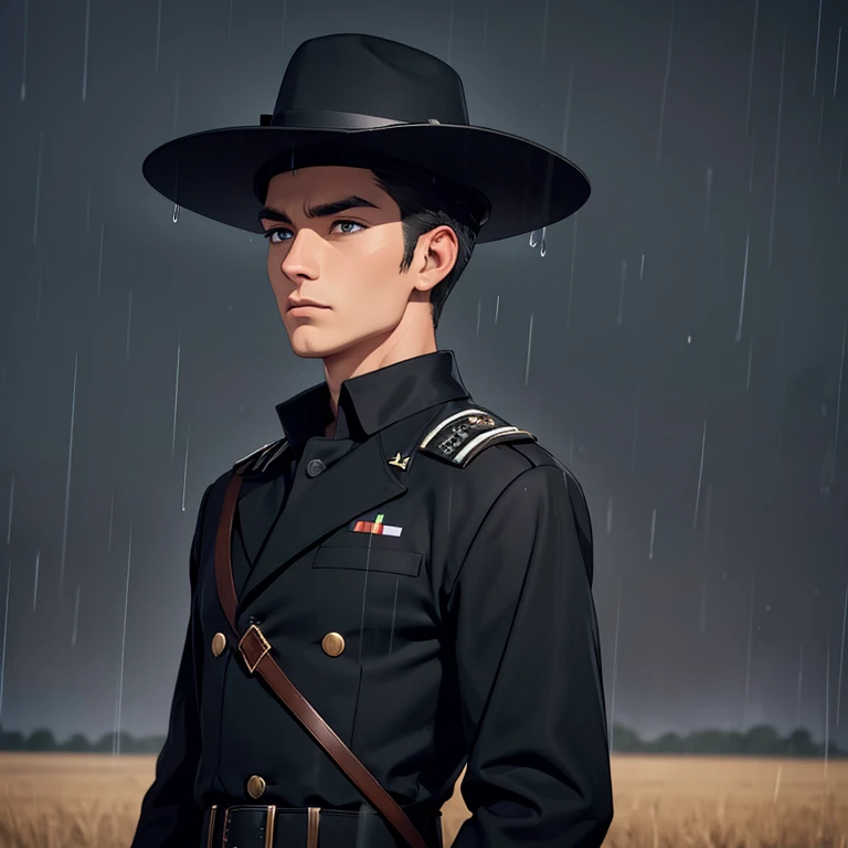 Man in black military clothes, black hat, looking above, raining, open field 