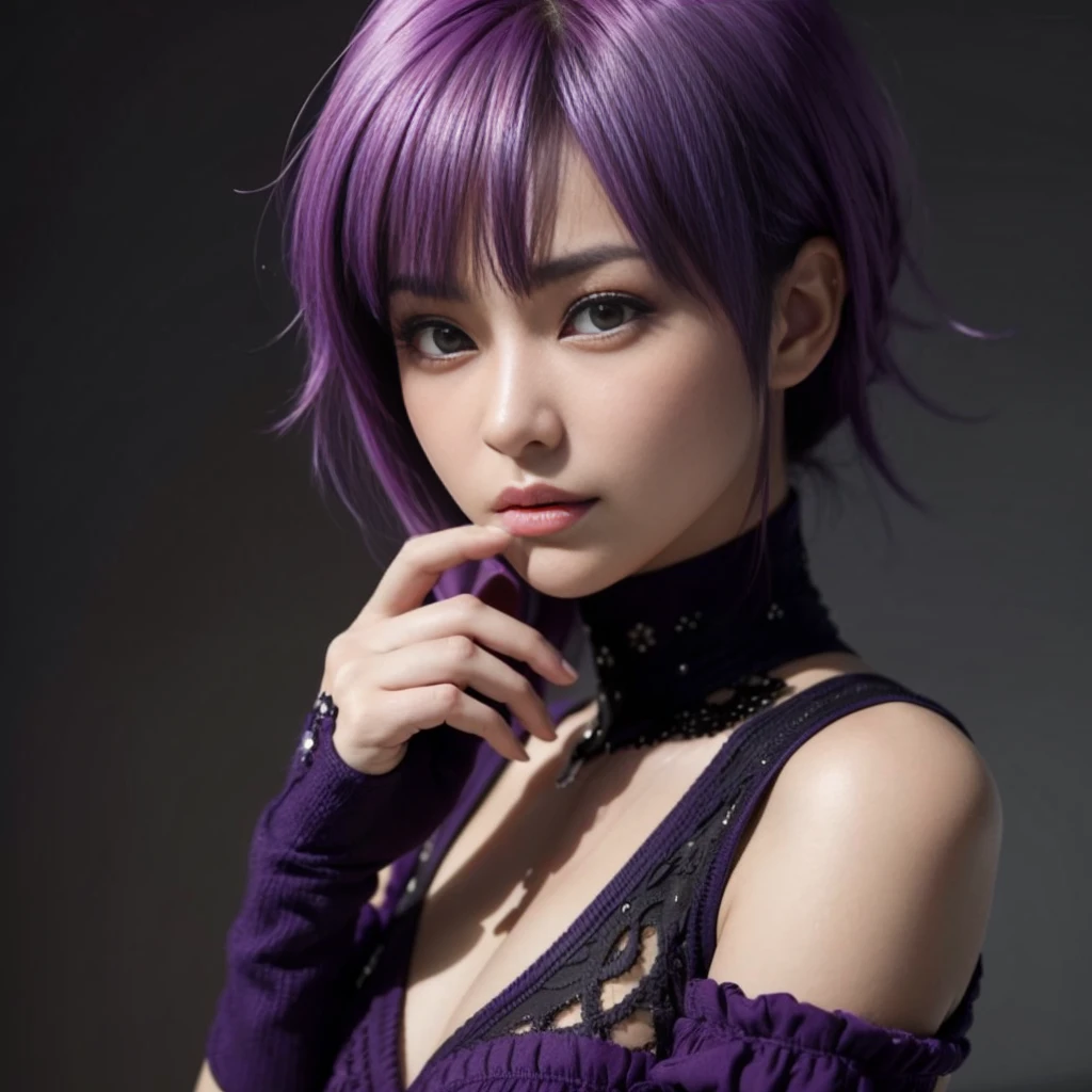 Highest quality, High resolution, One Girl, Higuchi Madoka, , Purple Hair, mole under the eyes, mole, hair ornaments, Valletta, , short hair,,, prohibit, Purple eyes, ,},{{alone,Boyish 1 Girl}} Are standing,,{1},Black trench coat and leather boots} Show Viewer,, tattoo, High heels, but, belly button, smile, Purple Lipstick、Pink Eyes、Grin、smile, A light smile, anger, blush, saliva, black micro mini skirt、 tattoo、（濃いPurple Lipstick、Purple lips）Pink thigh-high boots、Highlight the face、、（濃いPurple Lipstick、Purple lips）Purple eyes, Purple lips、Absolute area、Leather Micro Mini Skirt、Browsing Caution、Holding a knife、Licking the knife、Abdominal muscles、bad woman、sadistic、Disgust、Bloodbath、Are standing，Braiding, gloves, Holding, Show Viewer, black gloves, Earrings, Black skirt with frills, Center of chest, Black enamel boots, Evil smile, Devilish Grin, (Shiny fabric:1.5), Full Body Shot, Purple Gemstone, Seductive pose, blush, 