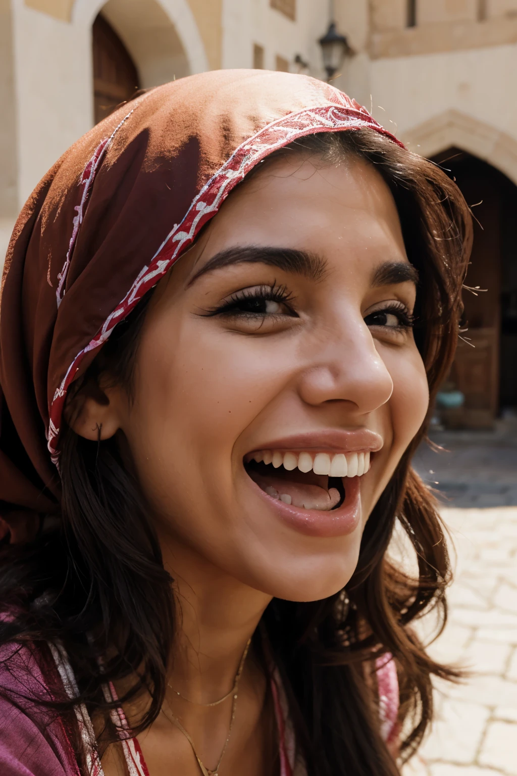 exaggerated laughter，Middle Eastern woman